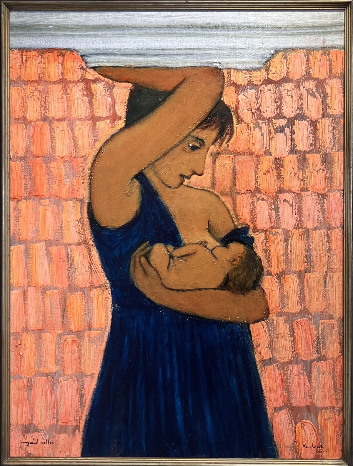 Painting by Brian Kershisnik of a woman in a blue dress cradling a child in her arms while supporting a beam above her head, echoing the form of a caryatid.