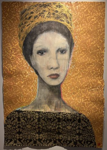 A portrait of a woman with a solemn expression, rendered against a richly patterned golden-orange background. Her pale face contrasts with the ornate surface, and a lattice-like crown of gold crosses her head. The lower portion features dark floral motifs, merging clothing and pattern into a regal yet introspective composition.