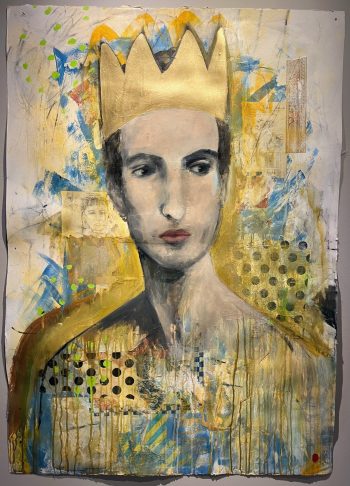 A painted portrait of a contemplative male figure wearing a gold crown, set against an energetic field of yellows, blues, and greens. Layers of collage, drips, dots, and gestural marks surround the central face, combining regal symbolism with vulnerability and textured abstraction.