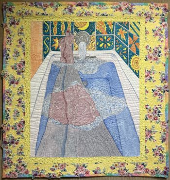 Quilt depicting a whimsical bathtub scene with legs, floral patterns, and vibrant surrounding borders of flowers and celestial motifs.