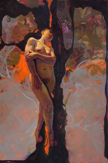 Painting of a standing nude figure leaning with crossed arms against a vertical dark form, surrounded by abstract washes of orange, pink, and gray.