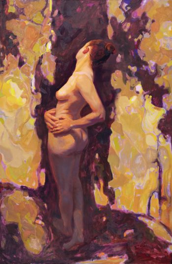 Painting of a nude figure arching backward with hands on her stomach, body lit by warm yellow and purple tones as dappled light filters around her.