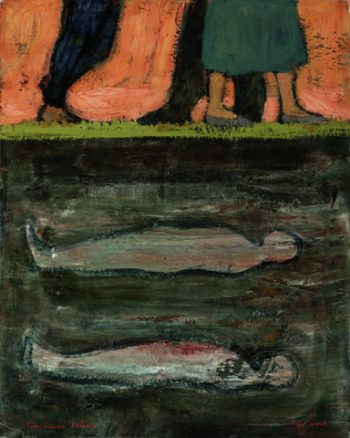 Painting by Brian Kershisnik showing three pairs of living feet at the top, while below the ground two ghostly human figures lie buried in layered earth tones.