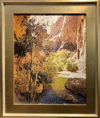 Oil painting by Michael Aitken showing trees and rippling water in a shaded section of Zion Canyon, framed by steep orange cliffs lit by afternoon sun.