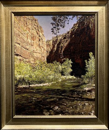 Oil painting of a narrow Zion canyon by Michael Aitken with green shrubs along a shallow stream and towering rust-colored cliffs descending into shadow.