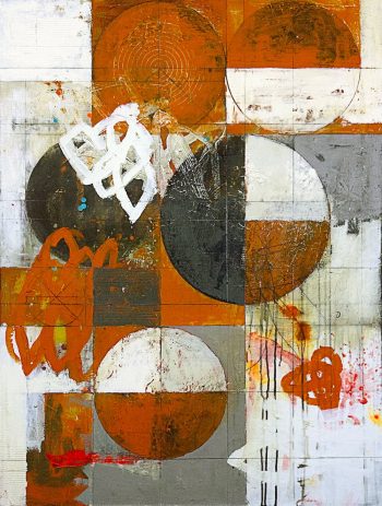 Abstract artwork with a grid of circles and half-spheres in orange, brown, gray, and white, overlaid with expressive white and red brush marks, combining geometric order with gestural energy.