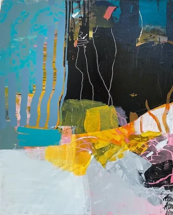 Abstract composition with teal vertical stripes on the left, a dark central field with fine white lines, and swept yellow and pink gestures across the lower half.